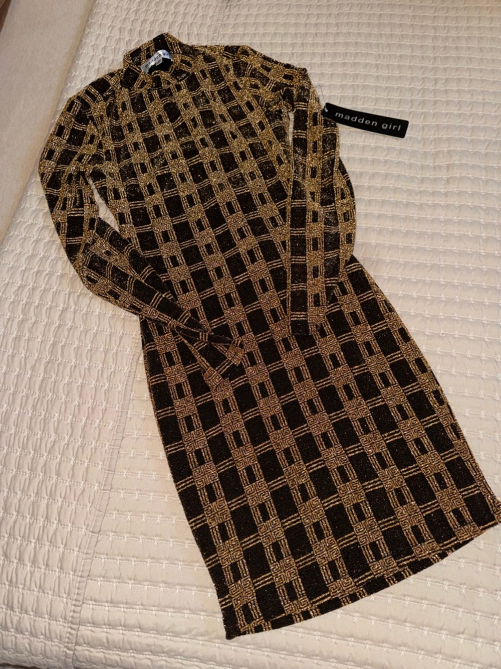 Madden Girl Black and Gold Metallic Grid Knit Long Sleeve Dress